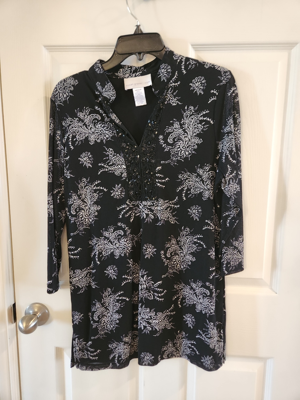 Susan Graver Black Tunic with White Paisley Accents